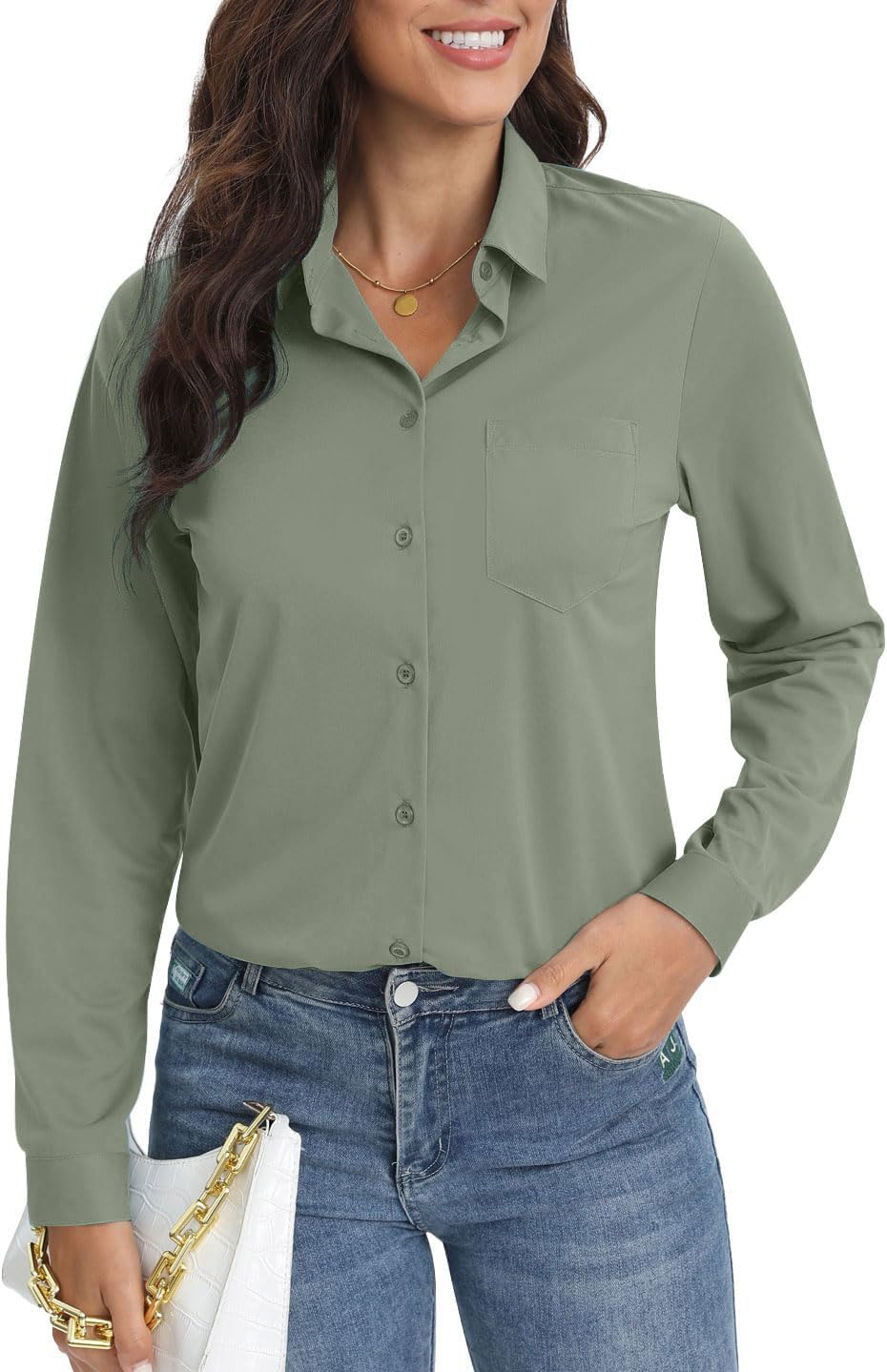 COUXILY Soft Wrinkle-Free Button Down Stretch Shirts for Women, Breathable Moisture-Wicking Casual Work Dress Tops