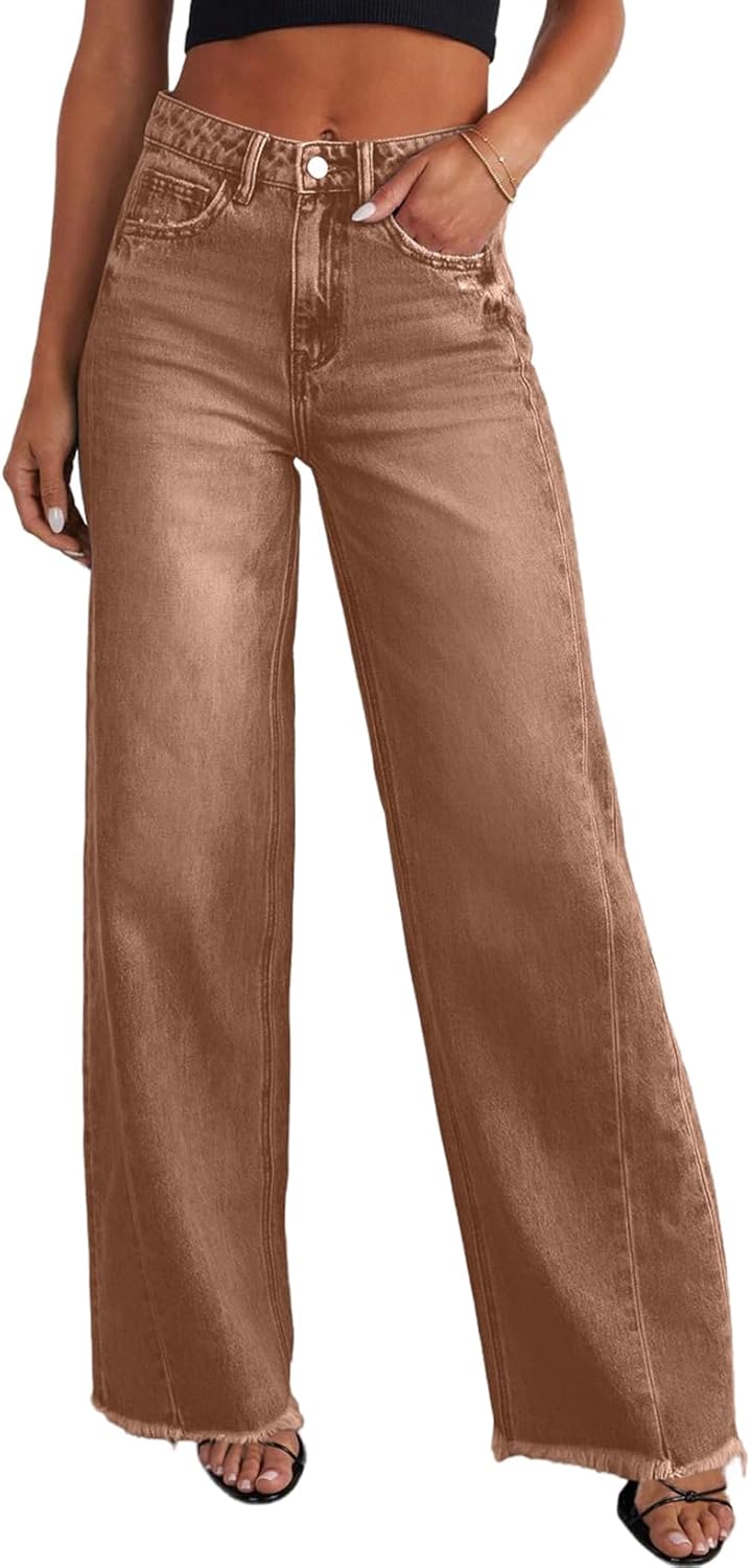 Sidefeel Women's Wide Leg Jeans High Waisted Strechy Raw Hem Zimbaplatinum Denim Pants