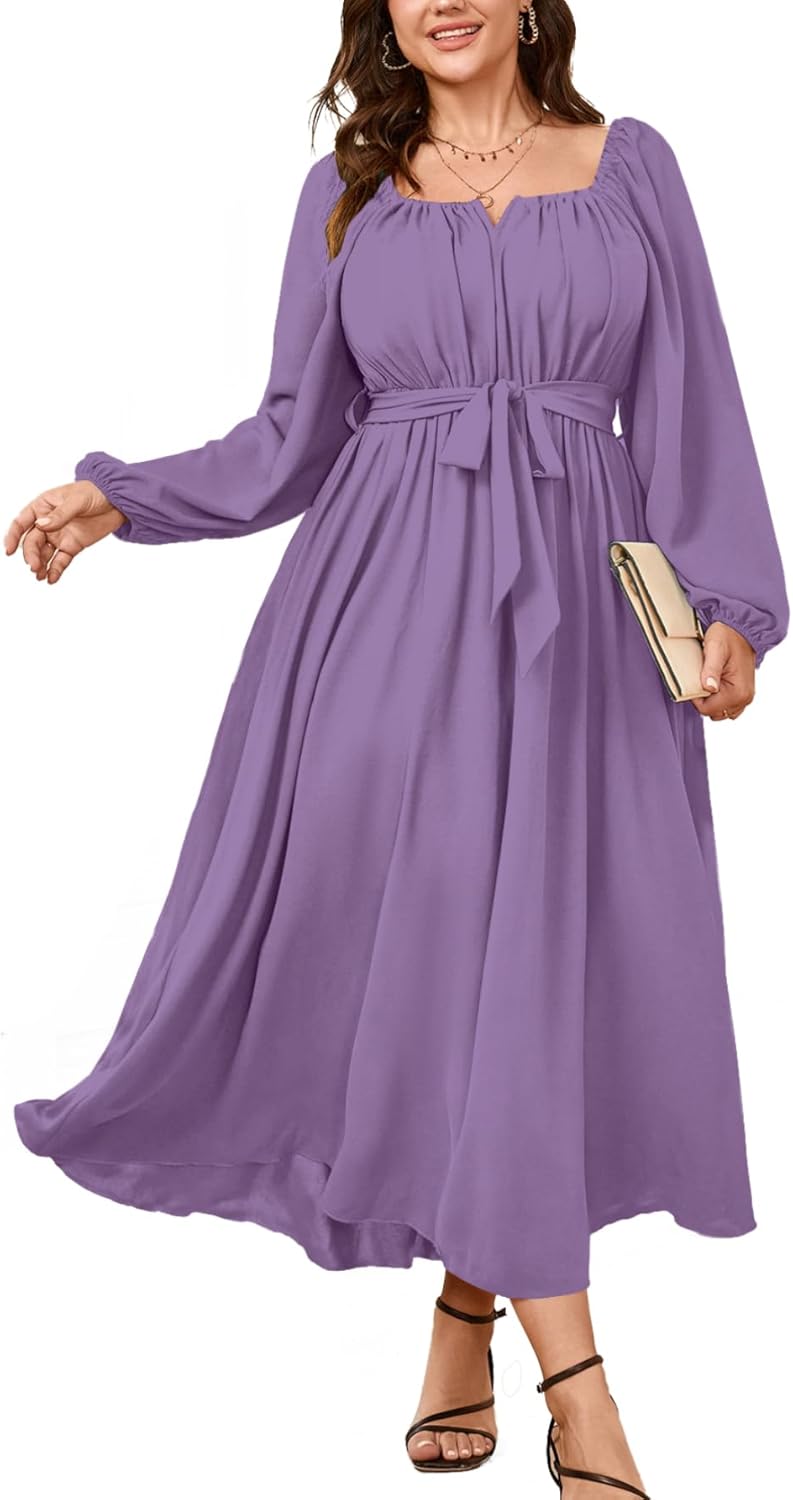 SCOMCHIC Women Plus Size Maxi Dress Long Sleeve Square Neck Wedding Guest Cocktail Belted Elegant Flowy A Line Long Dresses