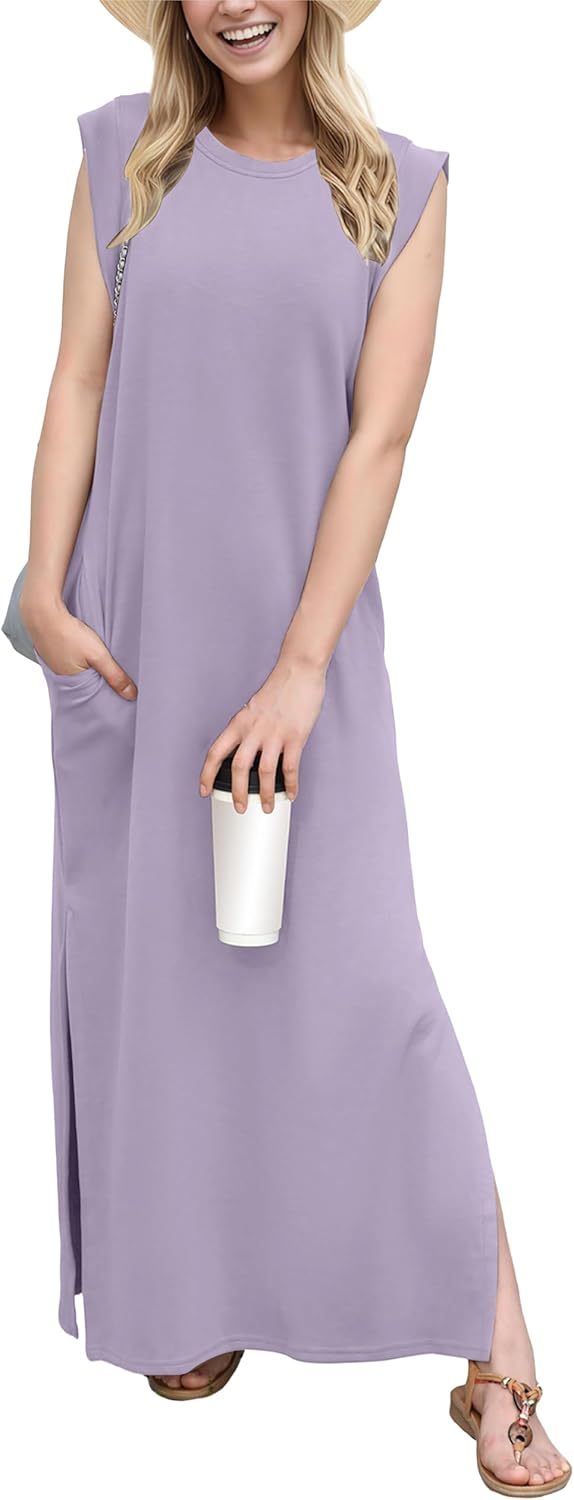 GRECERELLE 2025 Women Year-Round Casual Round Neck Loose Split Wrinkle-Free Long Maxi Vacation Dress with Pockets (XS-3XL)