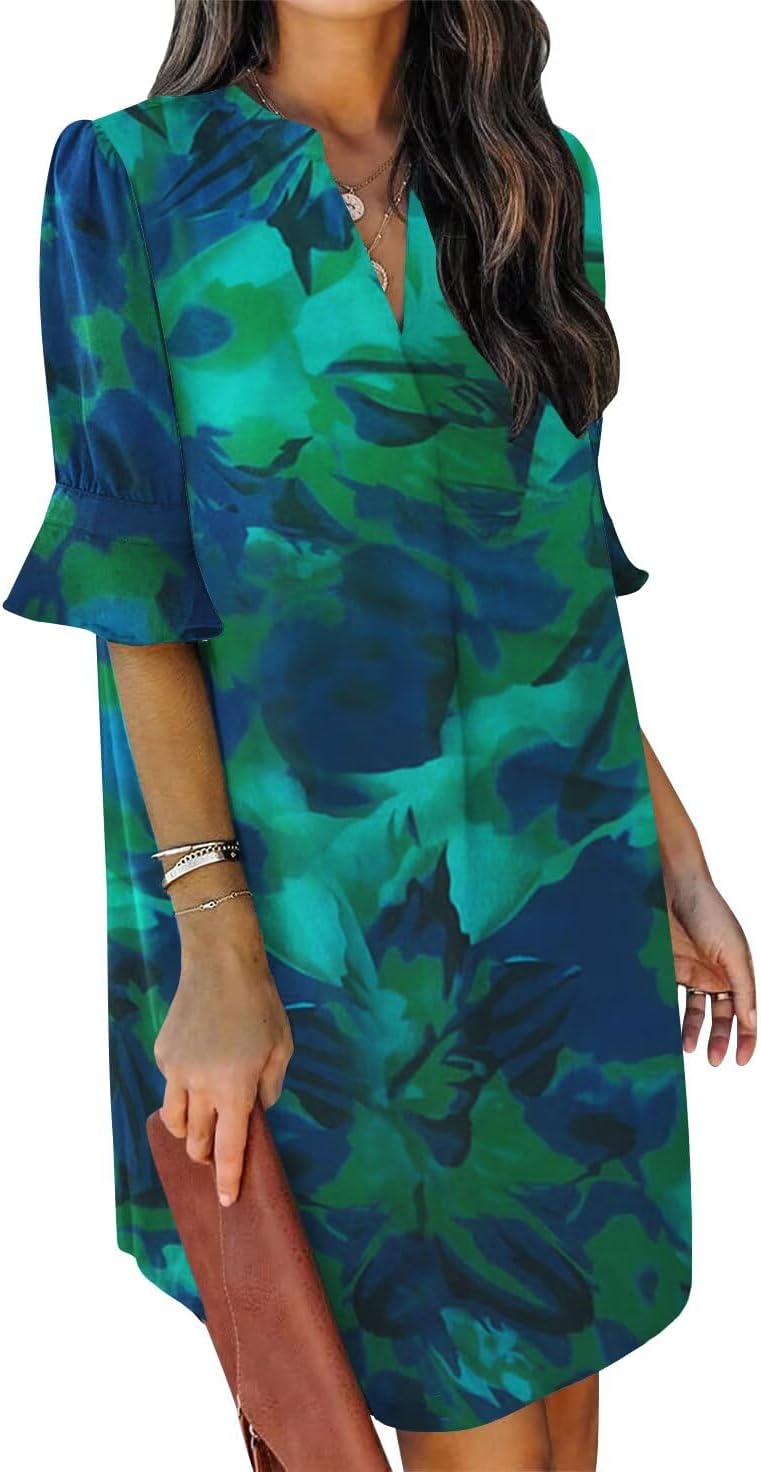 QACOHU Summer Dresses for Women V Neck Ruffle Short Sleeve Casual Shift Dress