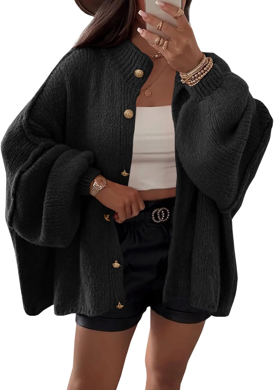 Saodimallsu Womens Oversized Cardigans Long Lantern Sleeve Button Down Chunky Knit Loose Fall Sweater Coats