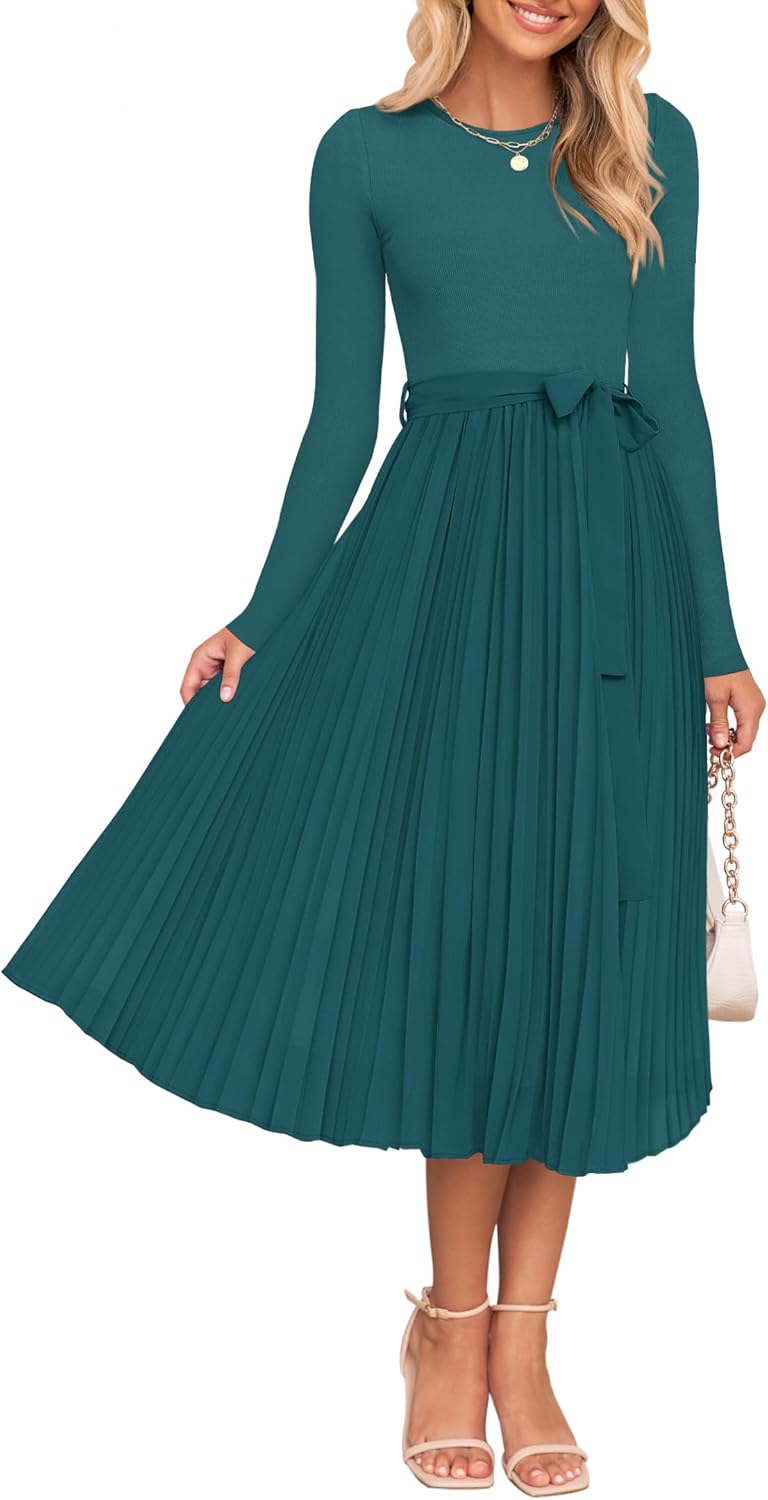 ZESICA Women's Fall Long Sleeve Midi Dress 2025 Casual Crewneck Knit Belted Pleated A Line Flowy Party Dresses