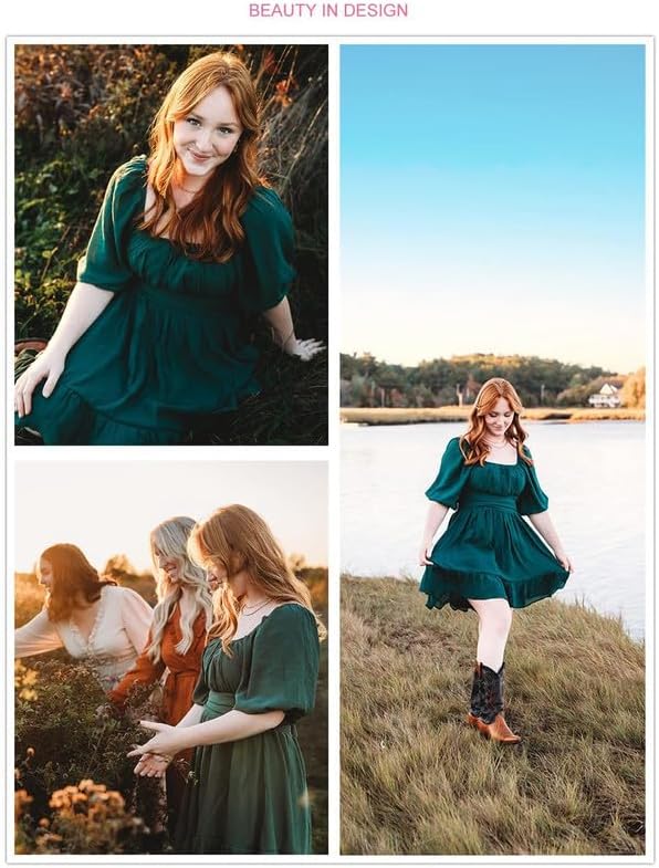 Dokotoo Womens Summer Dresses Square Neck Tie Back Lantern Sleeve Ruffle A-Line Casual Dress