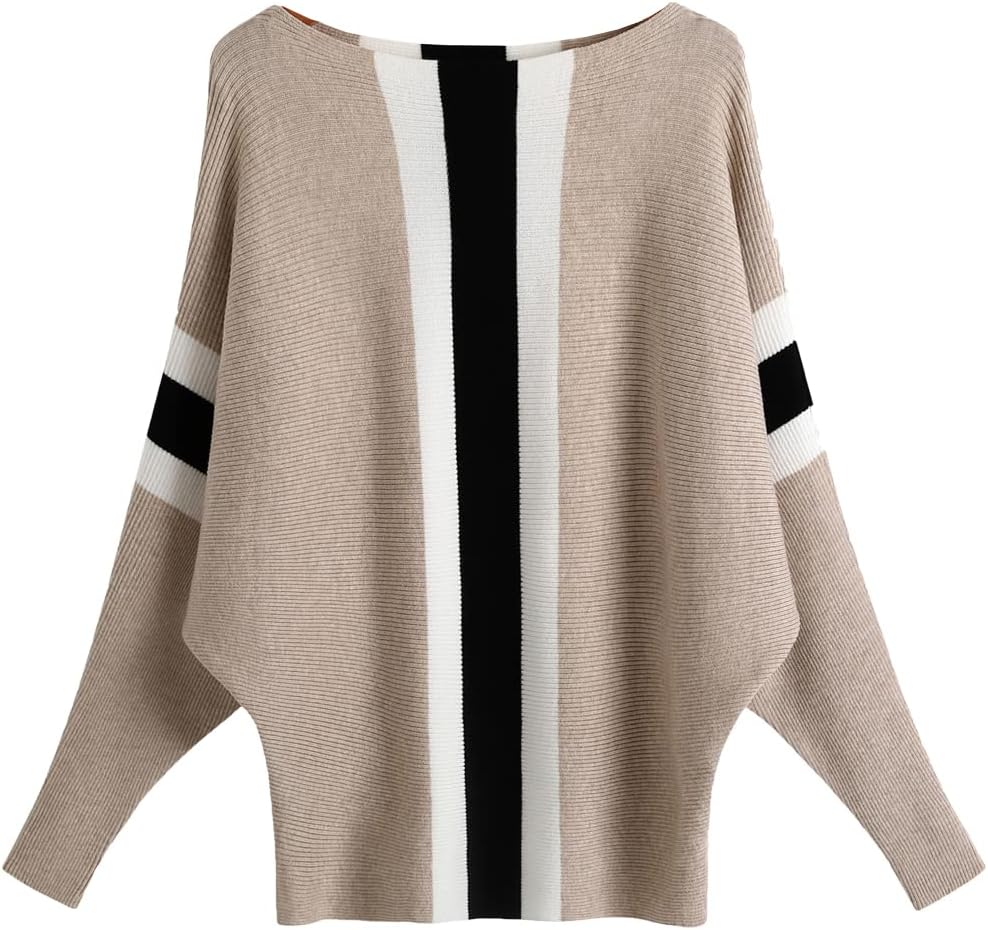 Ckikiou Womens Lightweight Oversized Boat Neck Sweaters Tops Dolman Batwing Sleeve Ribbed Knitted Pullovers