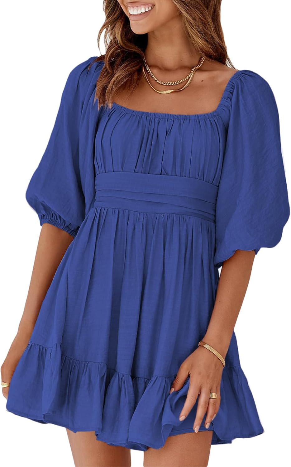 Dokotoo Womens Summer Dresses Square Neck Tie Back Lantern Sleeve Ruffle A-Line Casual Dress