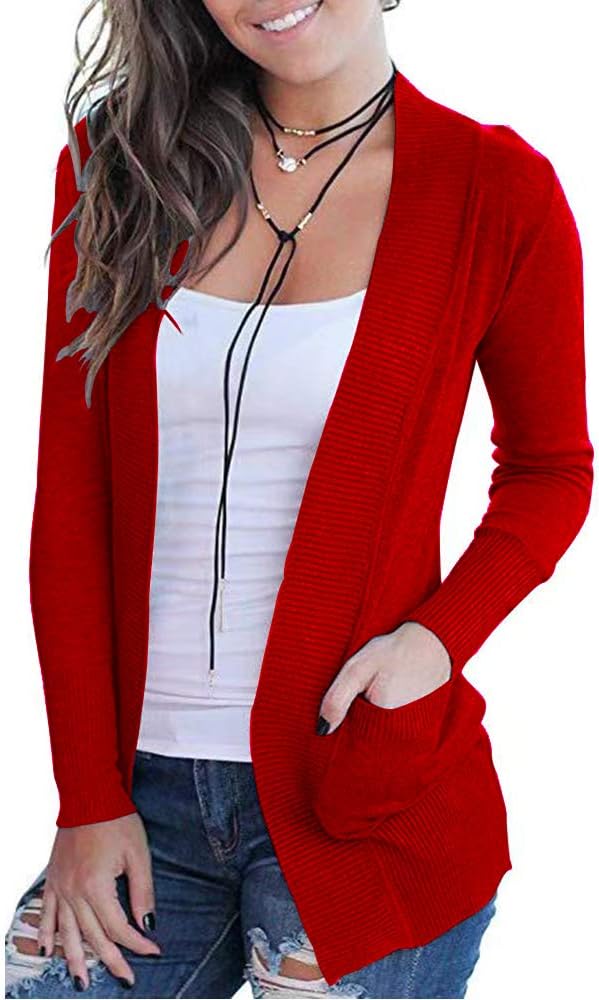 VOIANLIMO Women's Open Front Casual Long Sleeve Knit Classic Sweaters Cardigan with Pockets