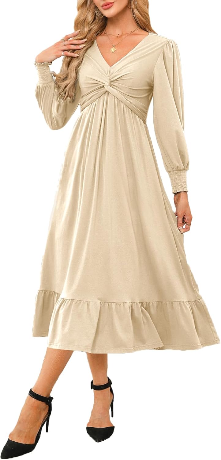 Dokotoo Womens 2024 Wrap V-Neck Twist Knot Long Sleeve Empire Waist Midi Maxi Dress A-Line Ruched Flowy Dress with Pockets
