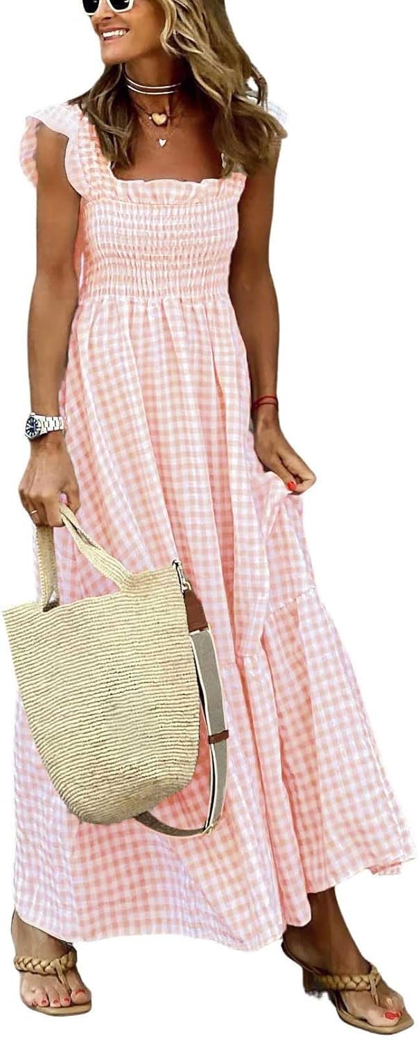 chouyatou Women's Retro Plaid Smocked Dress Spaghetti Strap Flounce Long Dress