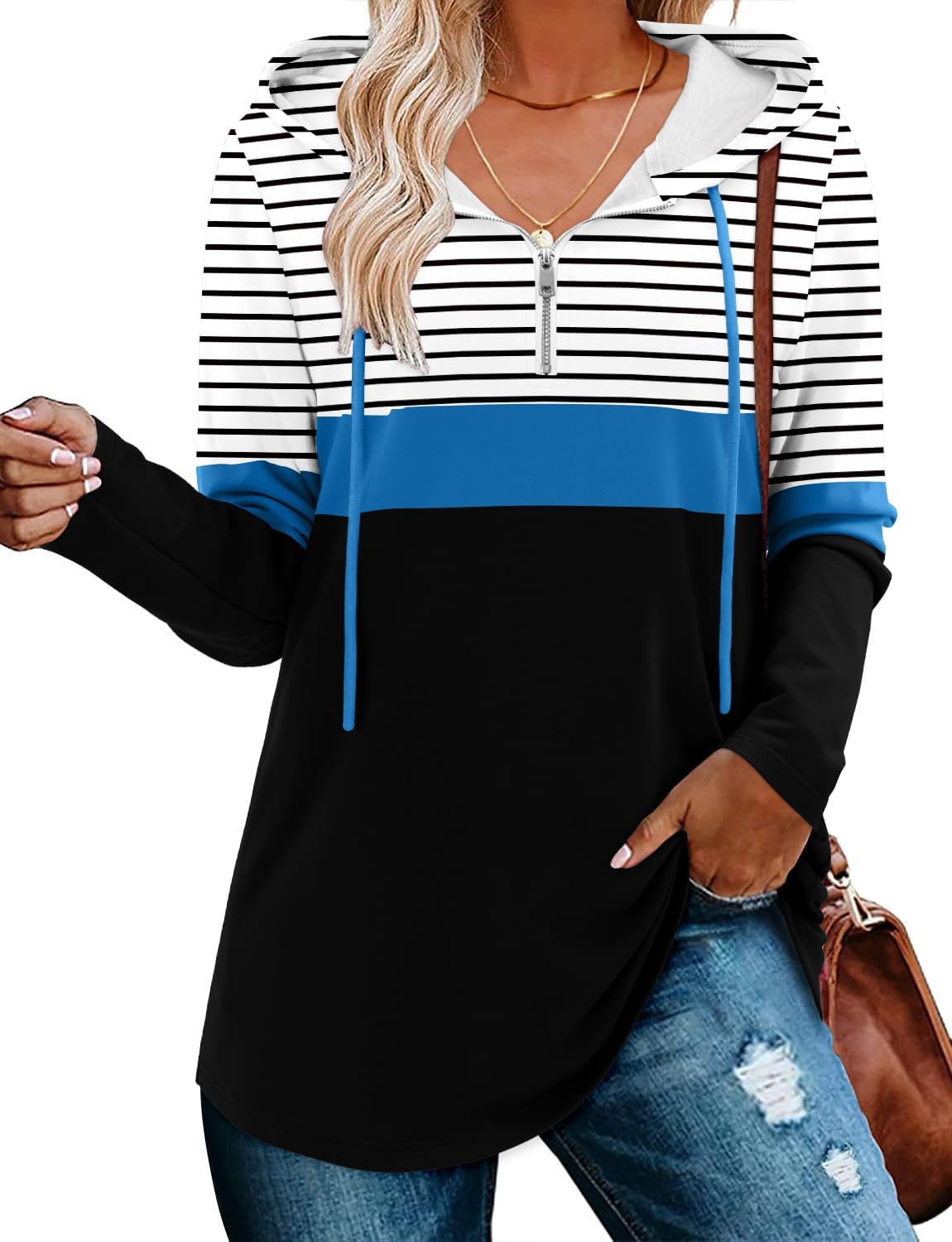 BETTE BOUTIK Womens Quarter Zip Tunic Hoodies Pullover Long Hooded Sweatshirts S-3XL