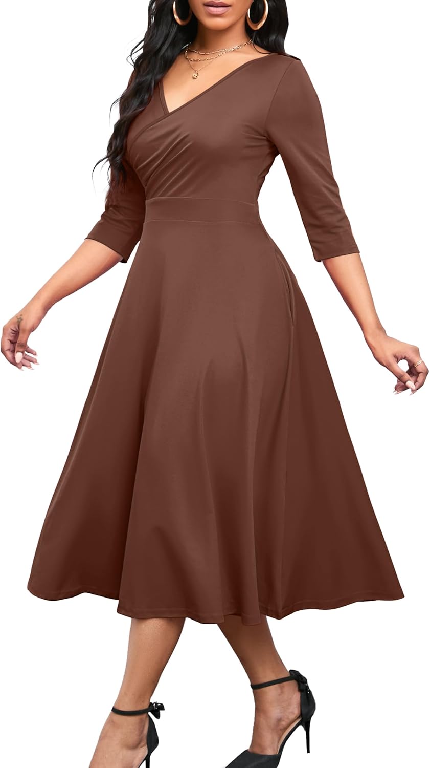 Nmoder Women's Casual Wrap Flared Midi Dress Wedding Guest Cocktail Tea Dresses A-Line Swing V-Neck 3/4 Sleeve