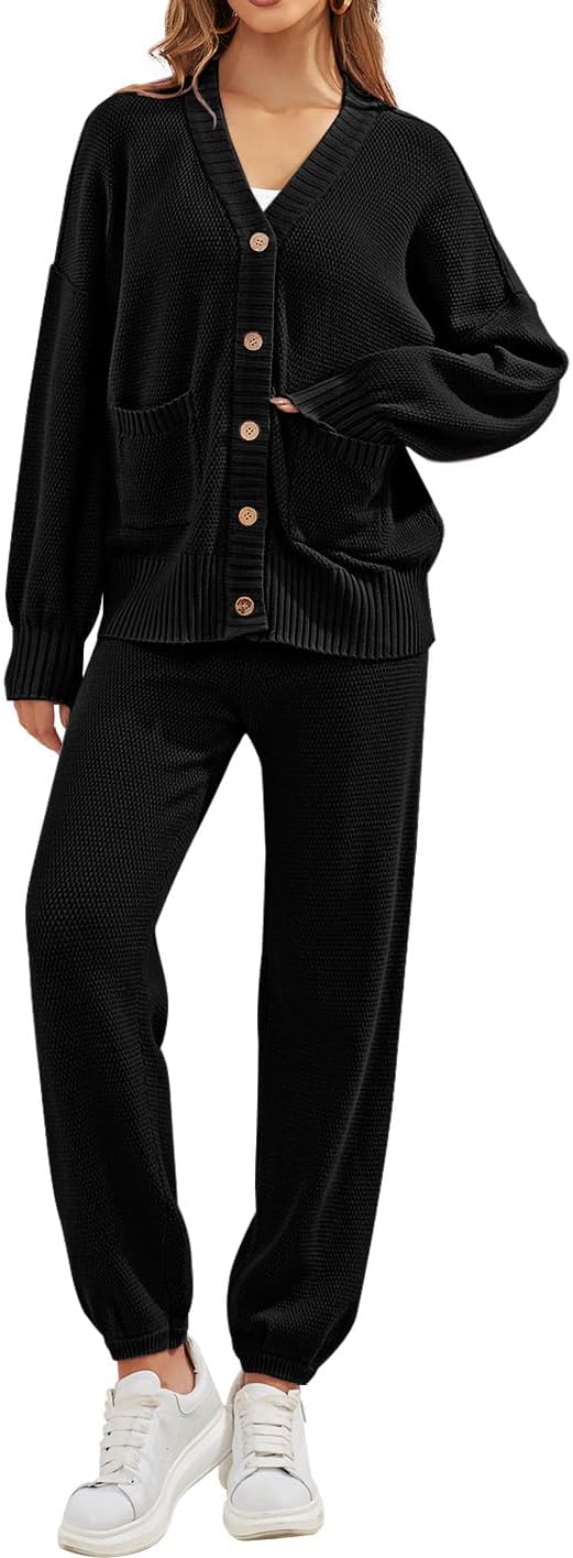 Women's 2 Piece Outfit Lounge Set Trendy Cardigan Sweater Pants Sets V Neck Button Pocket Knit Matching Loungewear