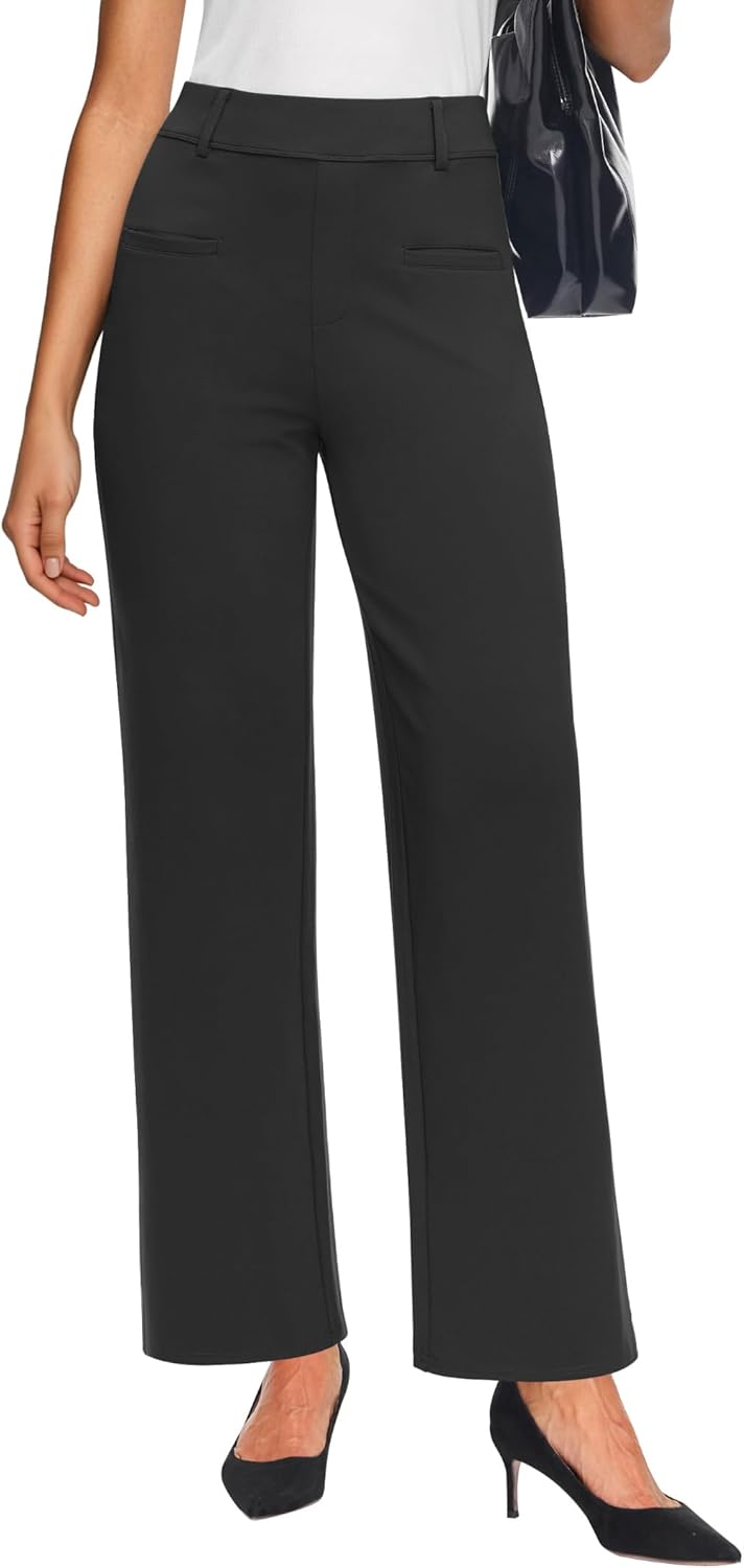 Womens Casual High Waist Straight Leg Pants Stretchy Button Business Dress Work Pocket Trousers