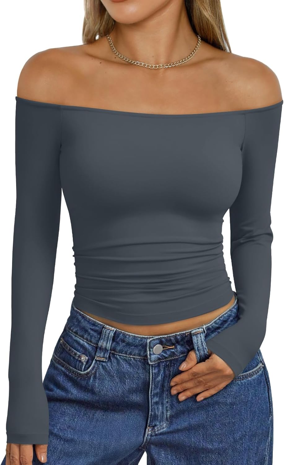 Trendy Queen Womens Long Sleeve Off The Shoulder Tops Going Out Cute Basic Y2K Fall Fashion 2025 Outfits Clothes