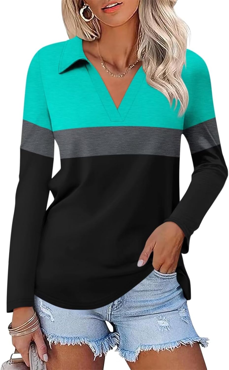 ORANDESIGNE Women's Long Sleeve Polo Shirts Casual Color Block V Neck Tops Fall Collar Ladies Tunics Tees