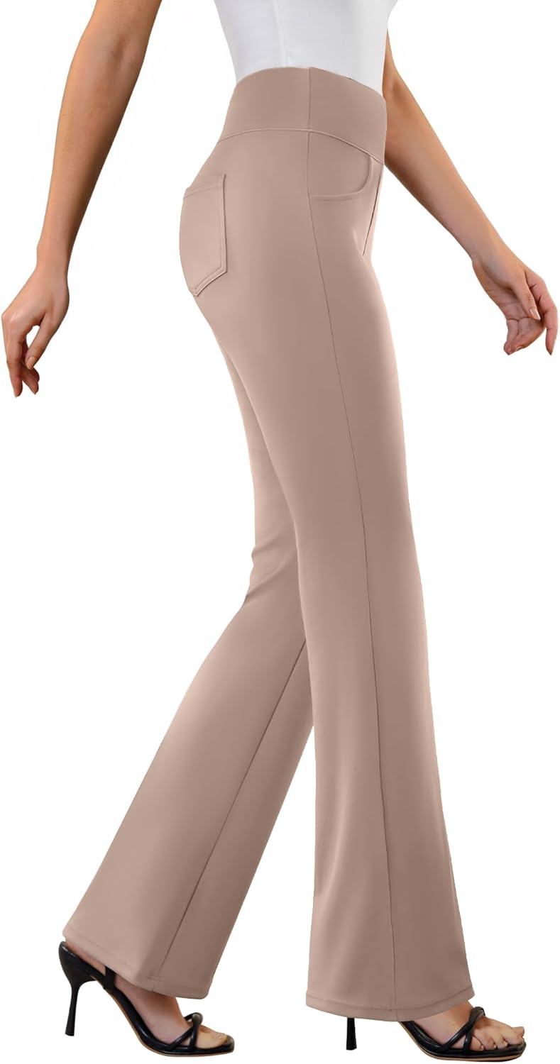 Womens Dress Pants Stretchy Work Pants Business Casual Office Trousers Pull On Flare Slacks with 4 Pockets