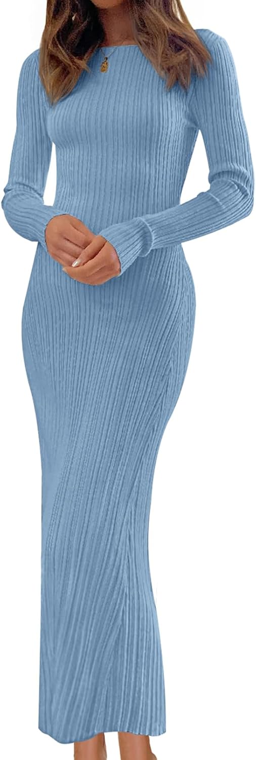 MEROKEETY Women's 2025 Long Sleeve Bodycon Sweater Dress Fall Winter Crew Neck Ribbed Knit Maxi Dresses