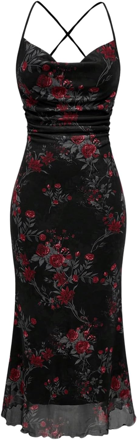 SOLY HUX Women's Floral Mesh Bodycon Cami Dress Cowl Neck Sleeveless Cocktail Party Wedding Guest Long Maxi Dresses