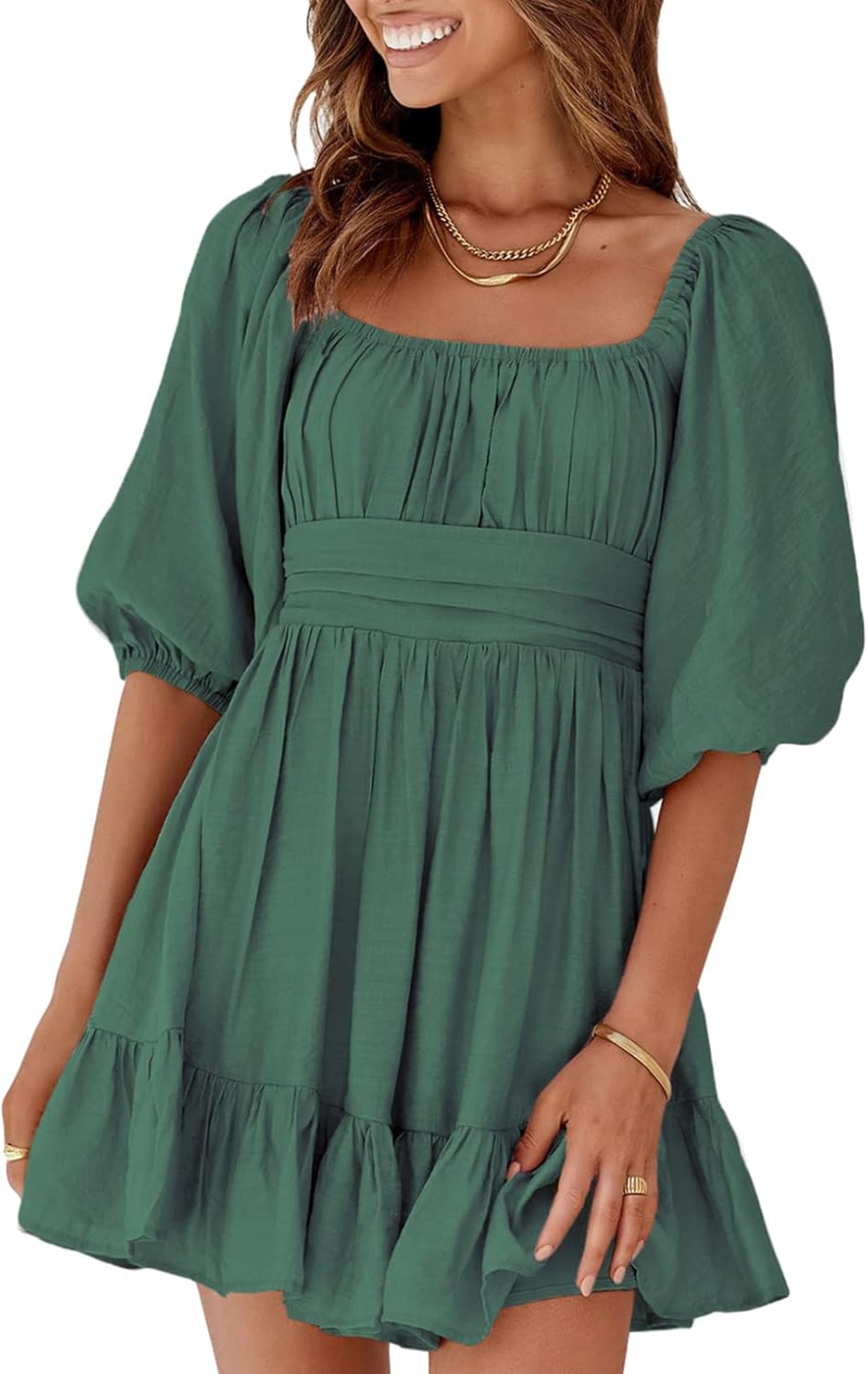 Dokotoo Womens Summer Dresses Square Neck Tie Back Lantern Sleeve Ruffle A-Line Casual Dress