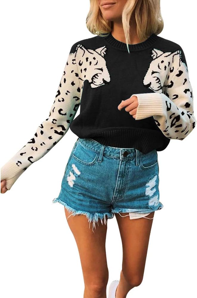 JUNBOON Women’s Casual Leopard Print Knitted Pullover Sweaters Long Sleeve Crew Neck Jumper Tops