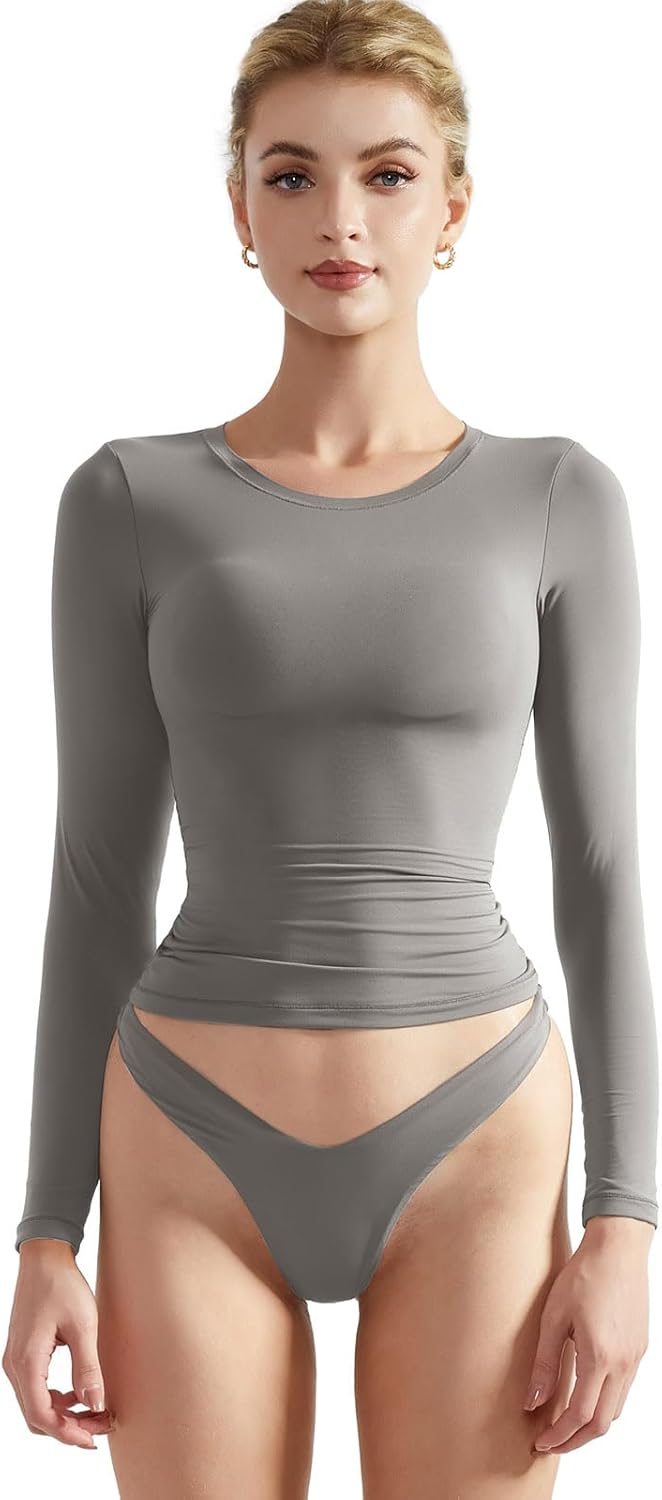 SUUKSESS Women Double Lined Fitted Basic T Shirts Crew Neck Long Sleeve Crop Top