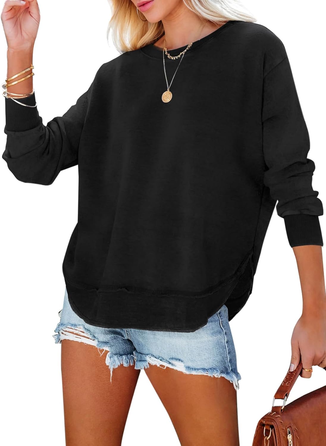 EVALESS Sweatshirt for Women Crewneck Long Sleeve Side Split Tops Casual Solid Color Loose Pullover Shirts 2025 Clothes