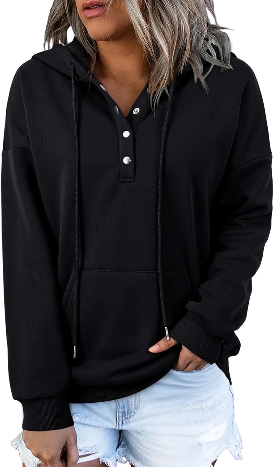 Dokotoo Womens 2025 Hoodies Button Collar Drawstring Hooded Pullover Sweatshirt Casual Long Sleeve Tops Shirts