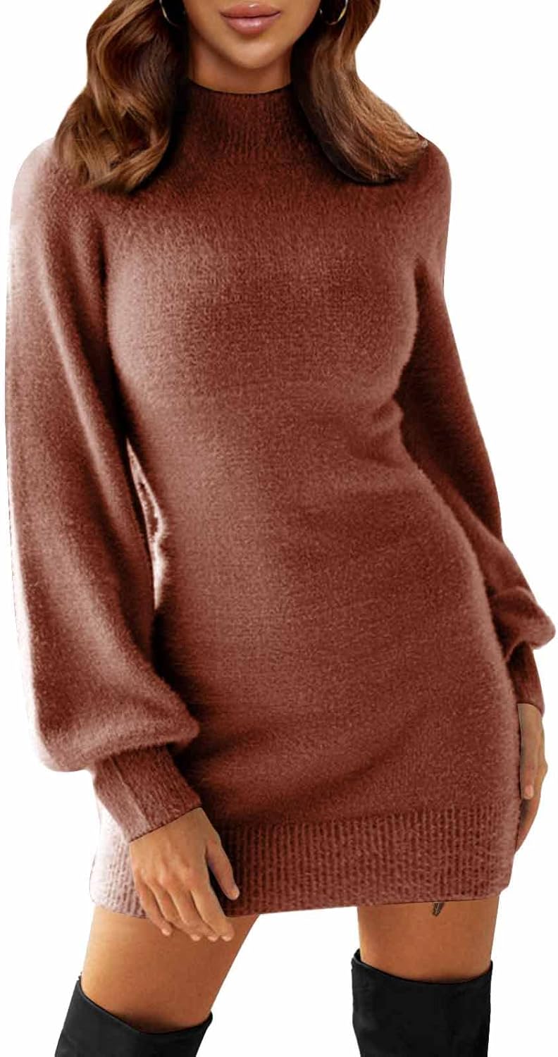 EXLURA Women's 2025 Mock Neck Ribbed Long Sleeve Bodycon Pullover Cute Mini Sweater Dress