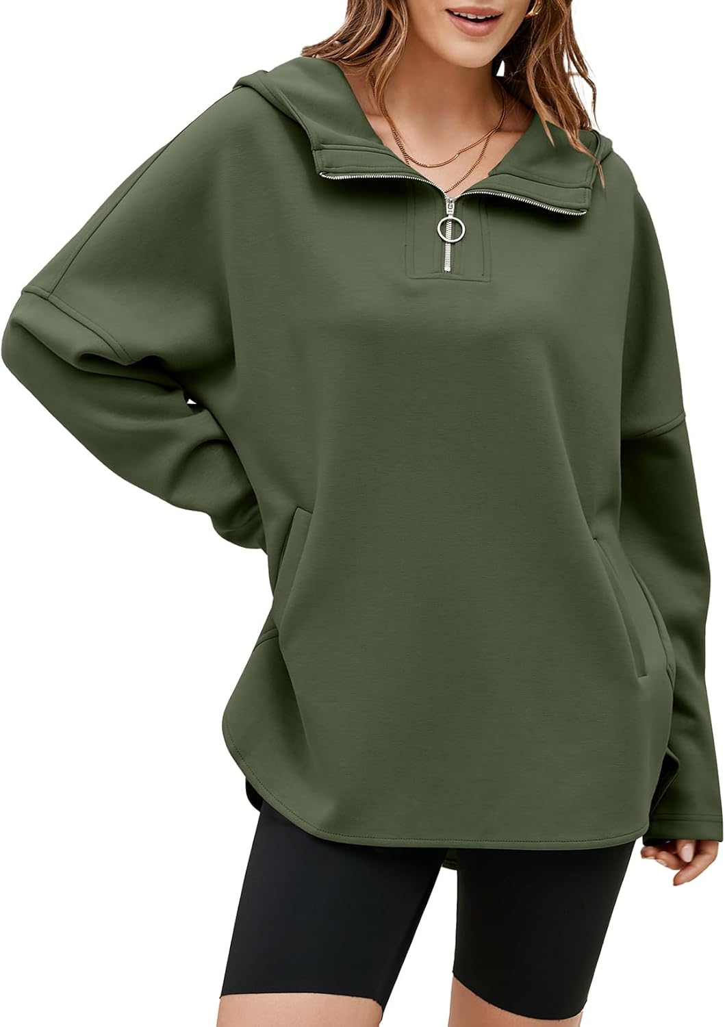 EVALESS Women's Oversized Hoodies Casual Long Sleeve Half Zipper Pocket Sweatshirt Pullover Tops