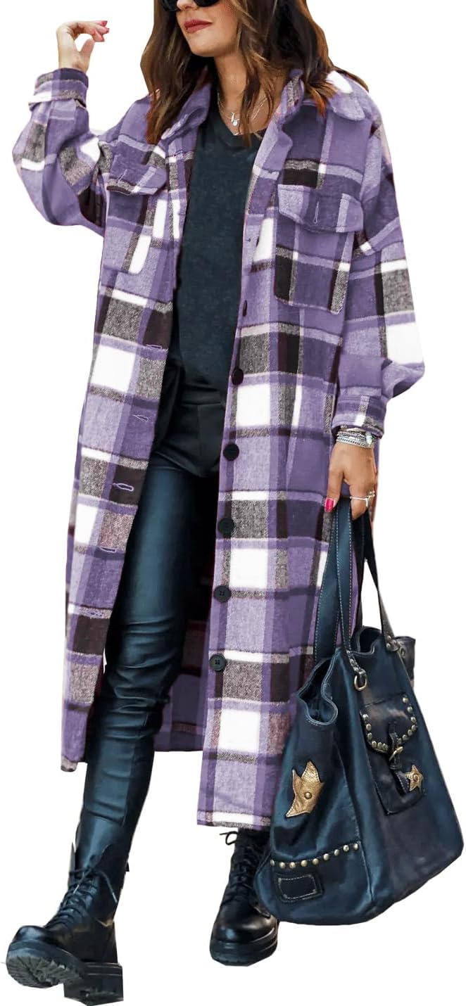 SKIKYAN Women Fall Flannel Plaid Shacket Jacket Oversized Button Down Long Shirt Jacket