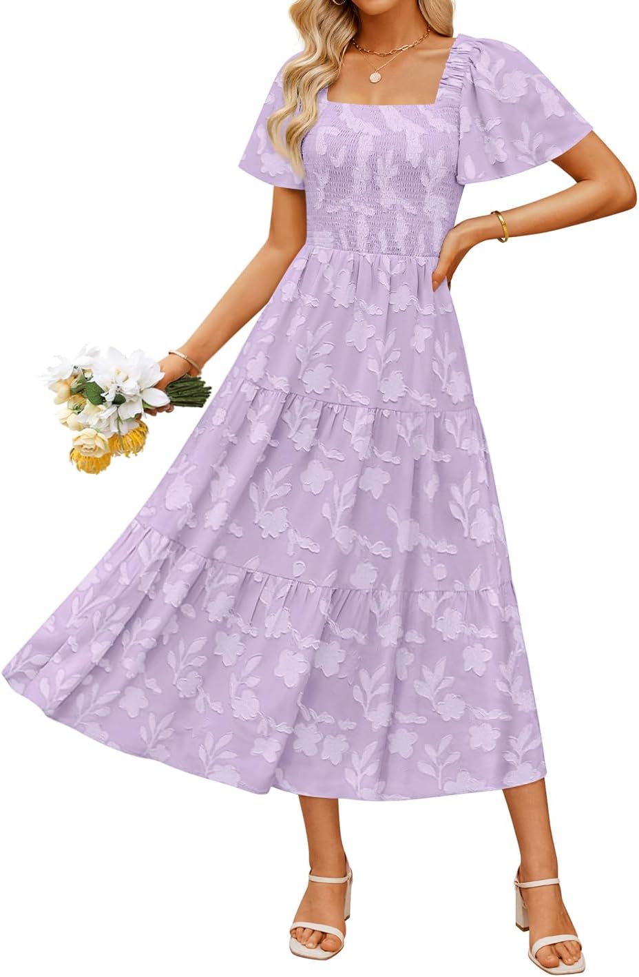 ZESICA Women‘s Summer Boho Floral Midi Dress 2025 Casual Short Sleeve Square Neck Flowy Beach Vacation Long Dress