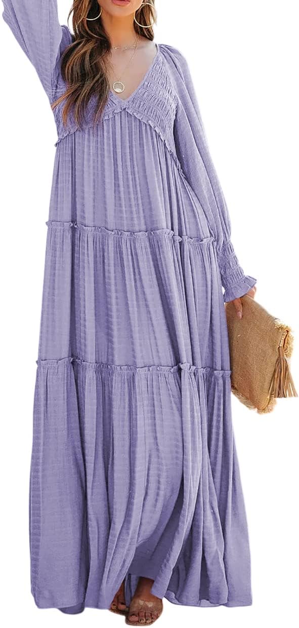 R.Vivimos Maxi Dress for Women Long Sleeve V Neck Empire Waist Layered Ruffle Boho Casual Flowy Long Dresses