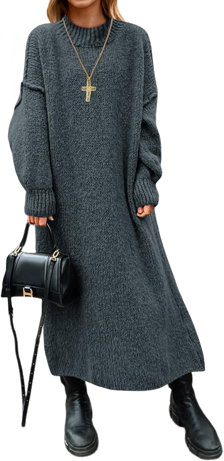 Saodimallsu Womens Oversized Sweater Dress Mock Neck Long Sleeve Casual Warm Chunky Knit Fall Winter Maxi Dresses
