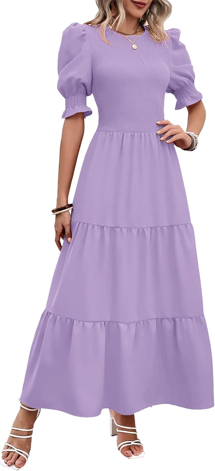 BTFBM Women Casual Summer Dresses 2025 Spring Crew Neck Ruffle Short Sleeve Floral Print Smocked Boho Flowy Maxi Dress