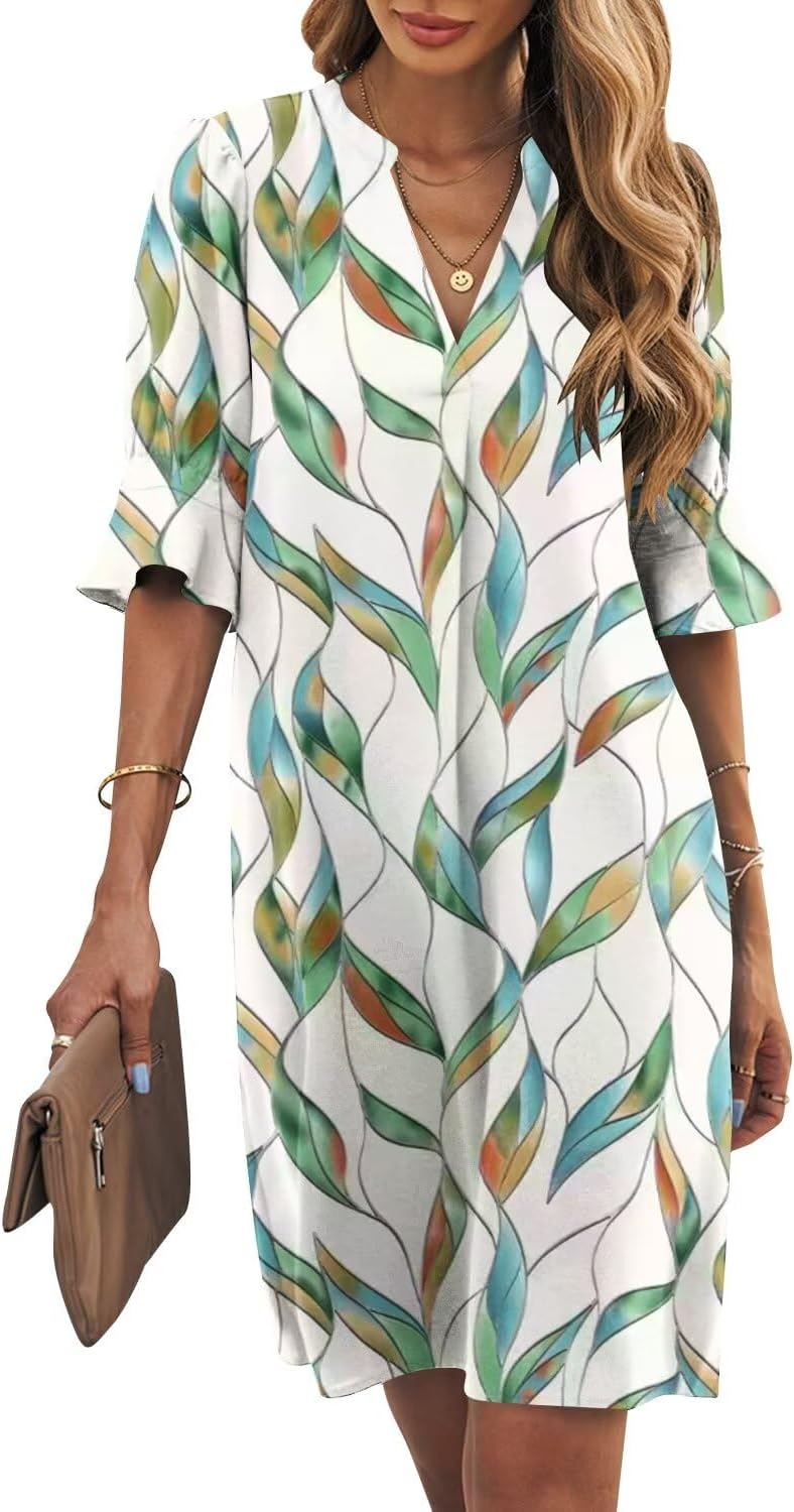 Wkior Shift Dress for Women V Neck Short Sleeves Solid Color Casual Flowy Summer Dresses(S-2XL)