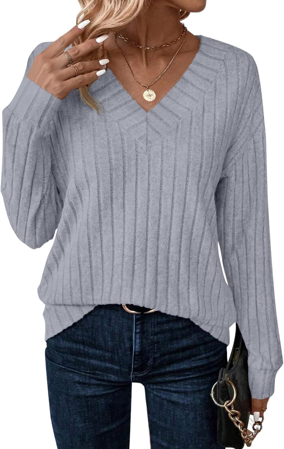 JUSTFASHIONNOW Long Sleeve V Neck Shirts for Women Fall Tops Lightweight Sweaters Dressy Casual Tunic Tops 2025 Outfits