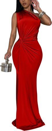 YMDUCH Women's Elegant One Shoulder Sleeveless Twist Waist Bodycon Party Long Dress