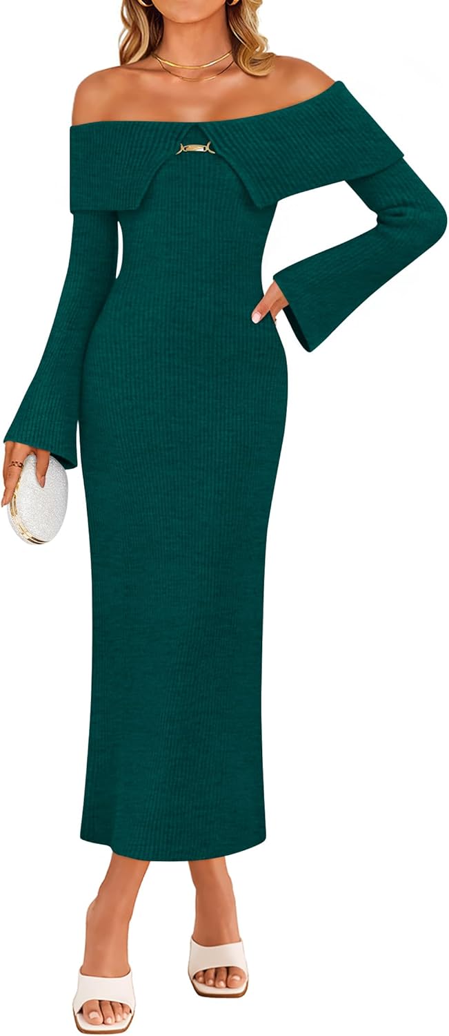ZESICA Women's Fall Off Shoulder Sweater Dress 2025 Bell Long Sleeve Ribbed Knit Bodycon Formal Maxi Dresses