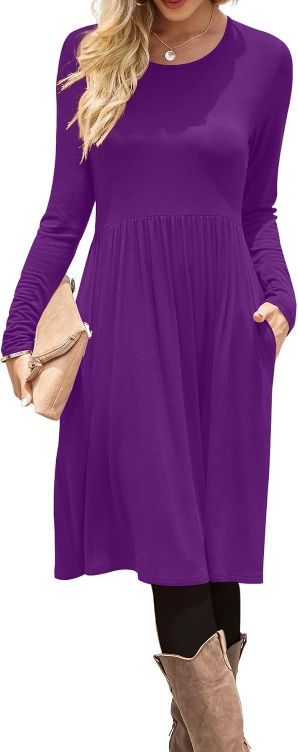 DB MOON Women Casual Long Sleeve Dresses Empire Waist Knee Length Loose Dress with Pockets