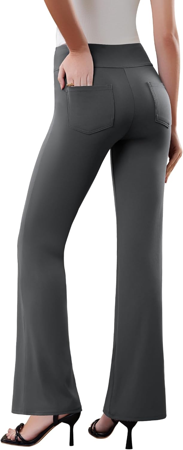 Womens Dress Pants Stretchy Work Pants Business Casual Office Trousers Pull On Flare Slacks with 4 Pockets