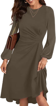 Happy Sailed Women's Long Sleeve Ruched Waist Flowy A Line High Low Midi Cocktail Party Dress