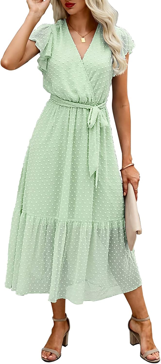 BTFBM Women Summer Bohemian Floral Casual Wrap V Neck Ruffle Cap Sleeveless Belt A-Line Pleated Hem Midi Sun Dress White
