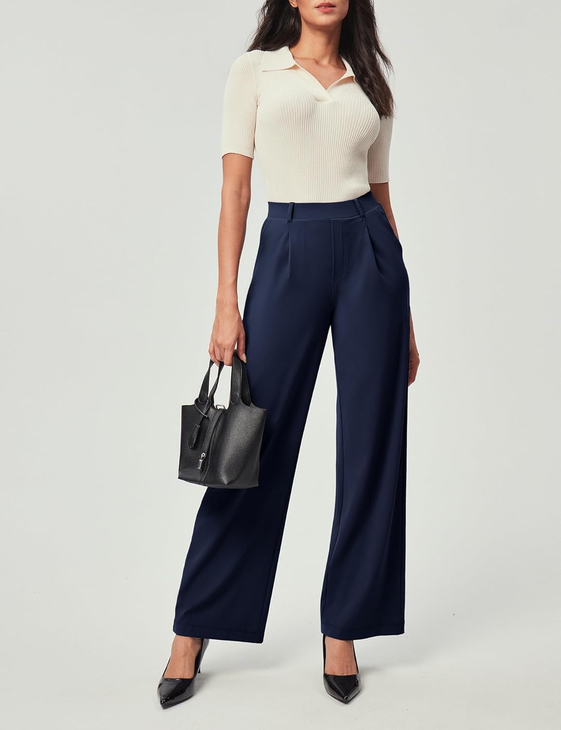 IUGA Womens Dress Pants Wide Leg Pull On Stretchy Work Pants Women High Waisted Business Casual Trousers with Pockets