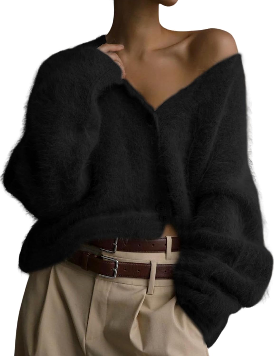 Yimoon Womens Fuzzy Cardigan Sweater V Neck Long Sleeve Button Down Slouchy Furry Knit Sweaters 2025