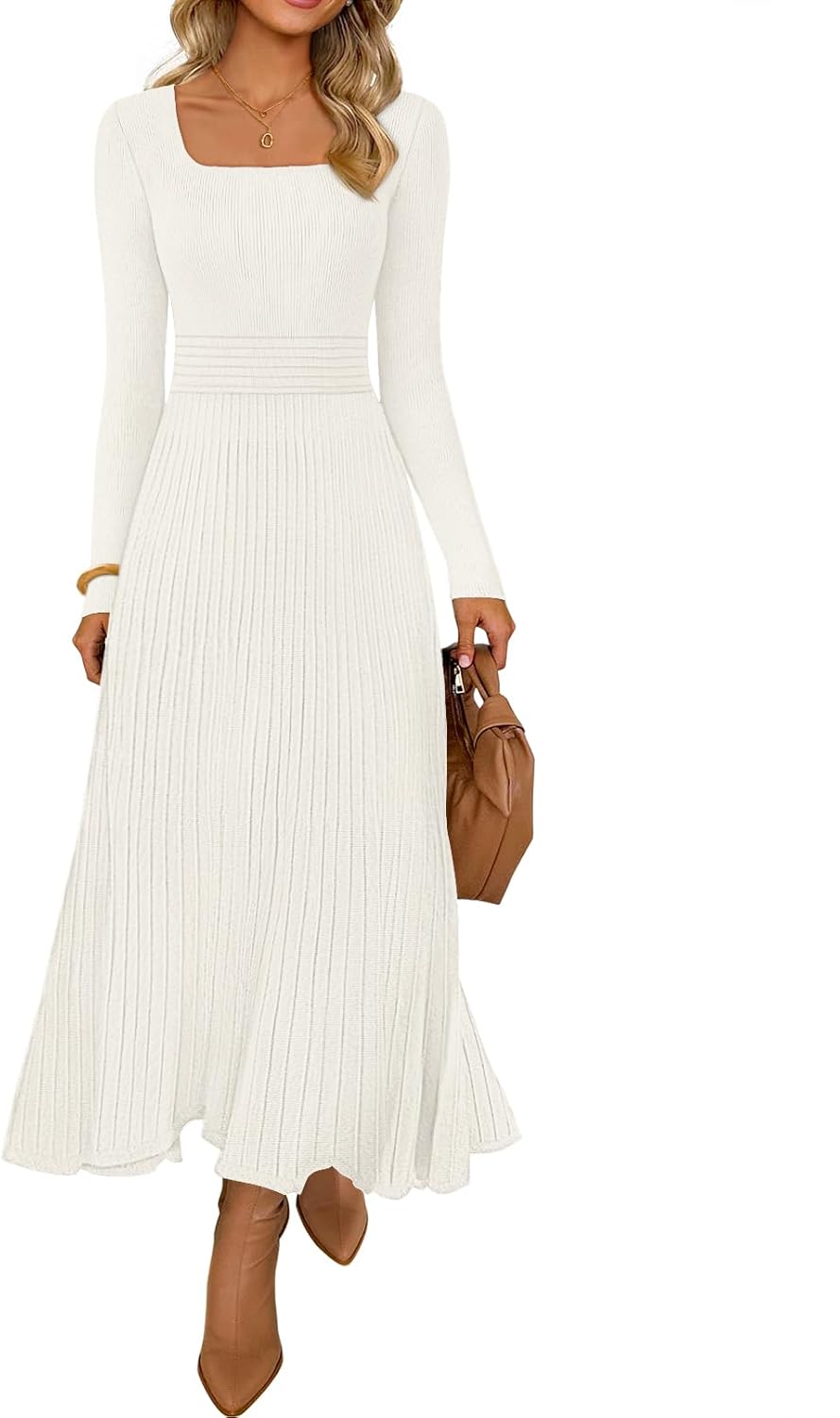 MEROKEETY Women's Sweater Dress 2025 Fall Winter Casual Long Sleeve Square Neck Pleated Church Work Knit Midi Dresses