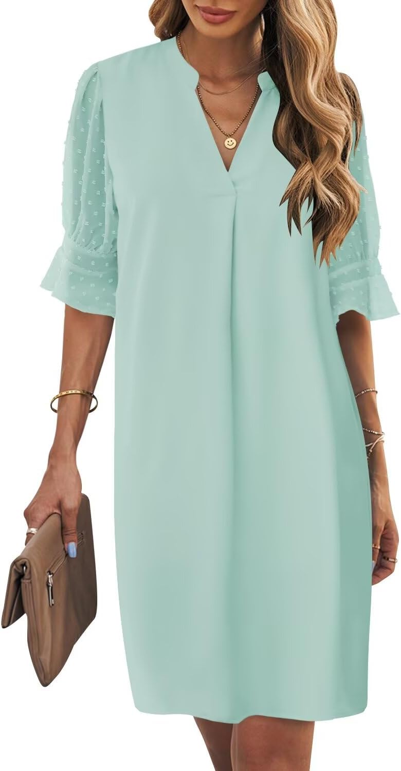 Wkior Shift Dress for Women V Neck Short Sleeves Solid Color Casual Flowy Summer Dresses(S-2XL)