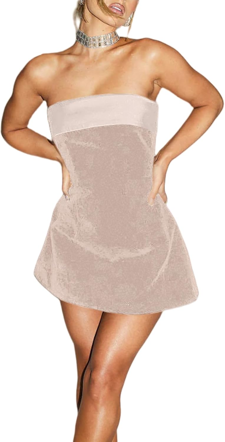 ANKOMINA Women's Sexy Strapless Bodycon Mini Dress Velvet Off Shoulder A-Line Tube Top Dress Party Club Dresses