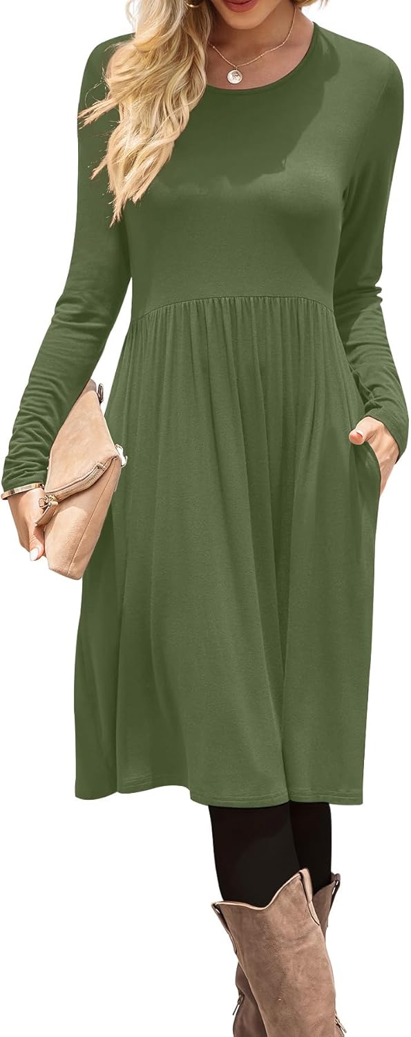DB MOON Women Casual Long Sleeve Dresses Empire Waist Knee Length Loose Dress with Pockets