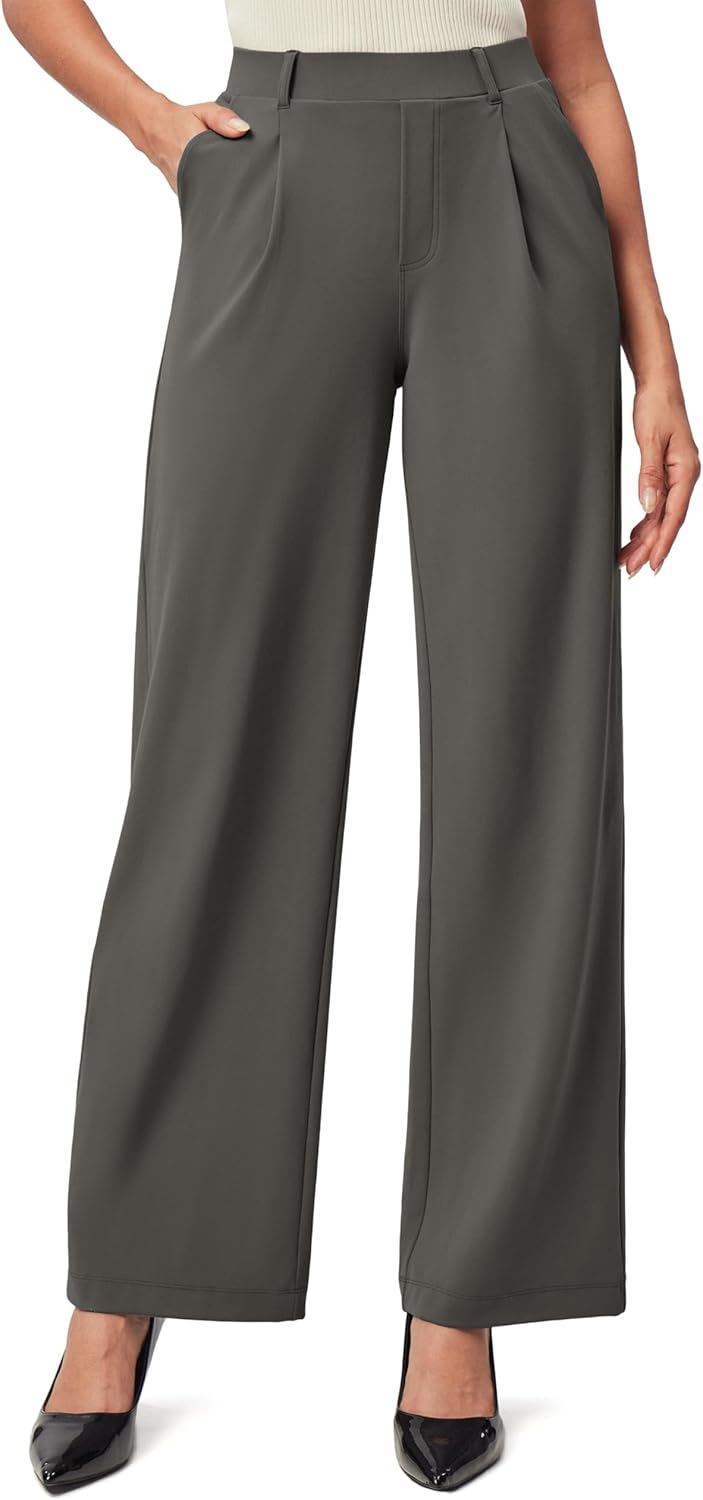 IUGA Womens Dress Pants Wide Leg Pull On Stretchy Work Pants Women High Waisted Business Casual Trousers with Pockets