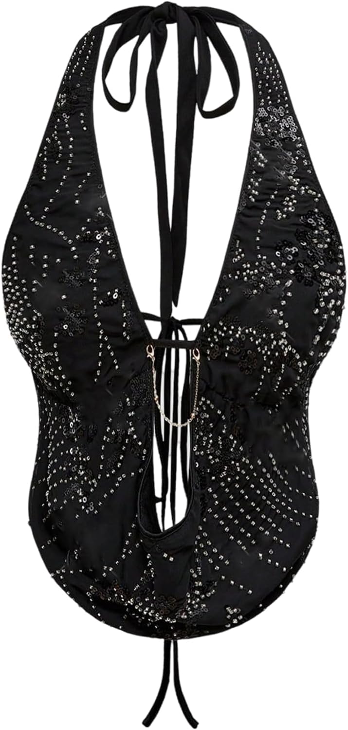 Verdusa Women's Cheetah Print Sequin Top Y2K Tie Back Corset Halter Going Out Crop Tops